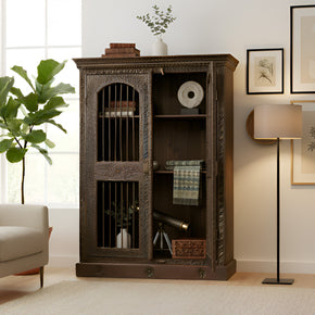 Ornately Hand Carved 45 in. Wide Armoire With Iron Grill Doors