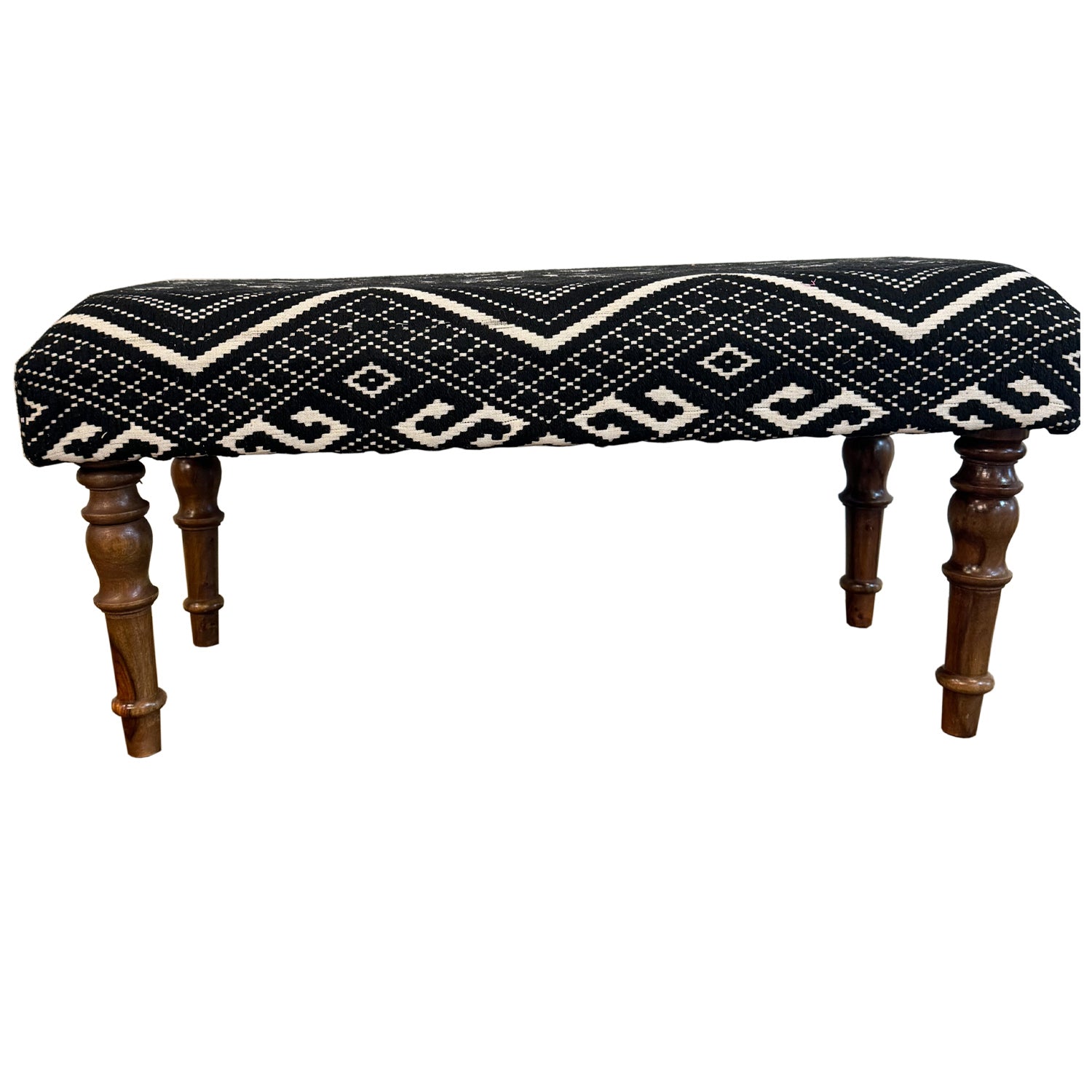 36 in. Long Southwestern Black White Upholstered Bench With Wooden Legs