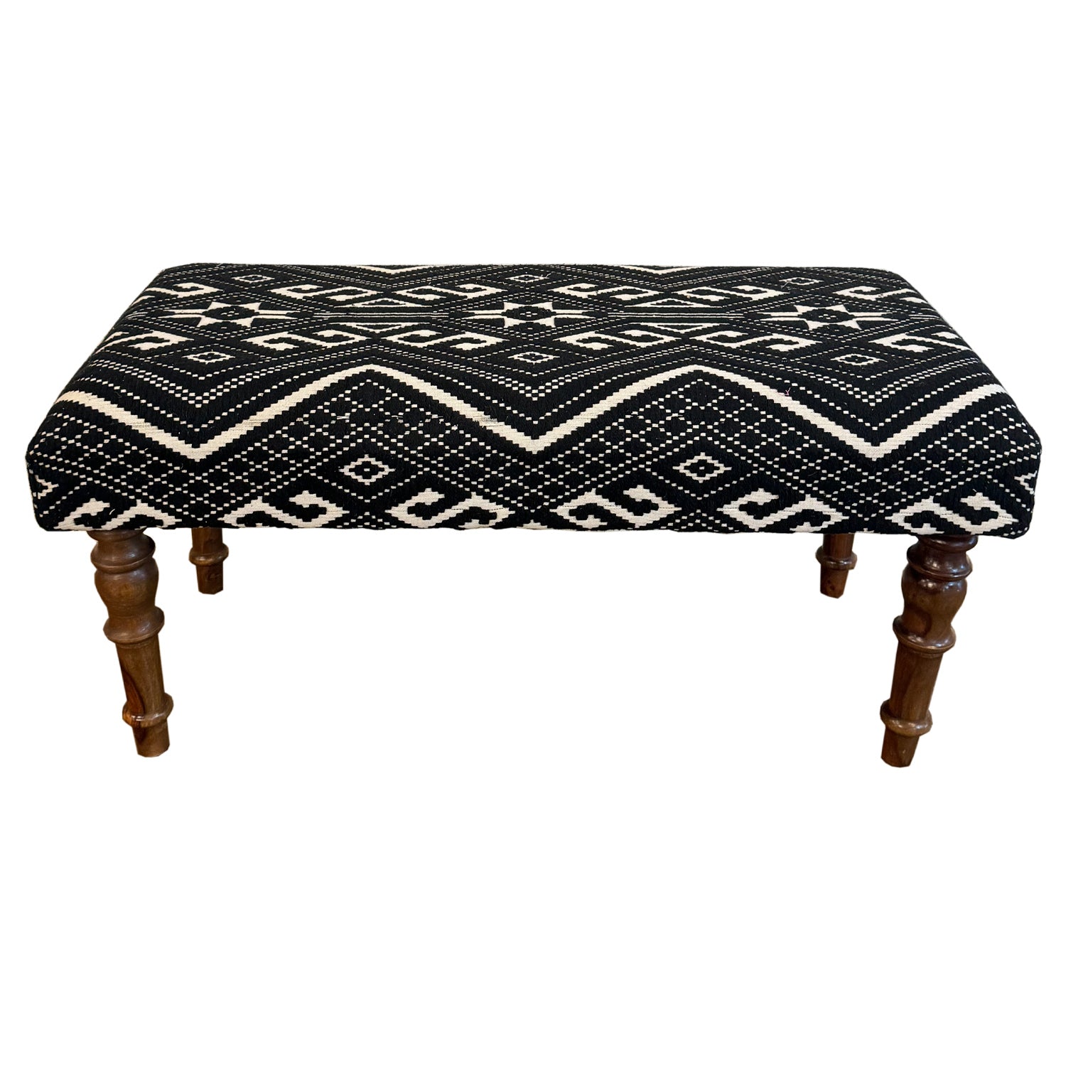 36 in. Long Southwestern Black White Upholstered Bench With Wooden Legs