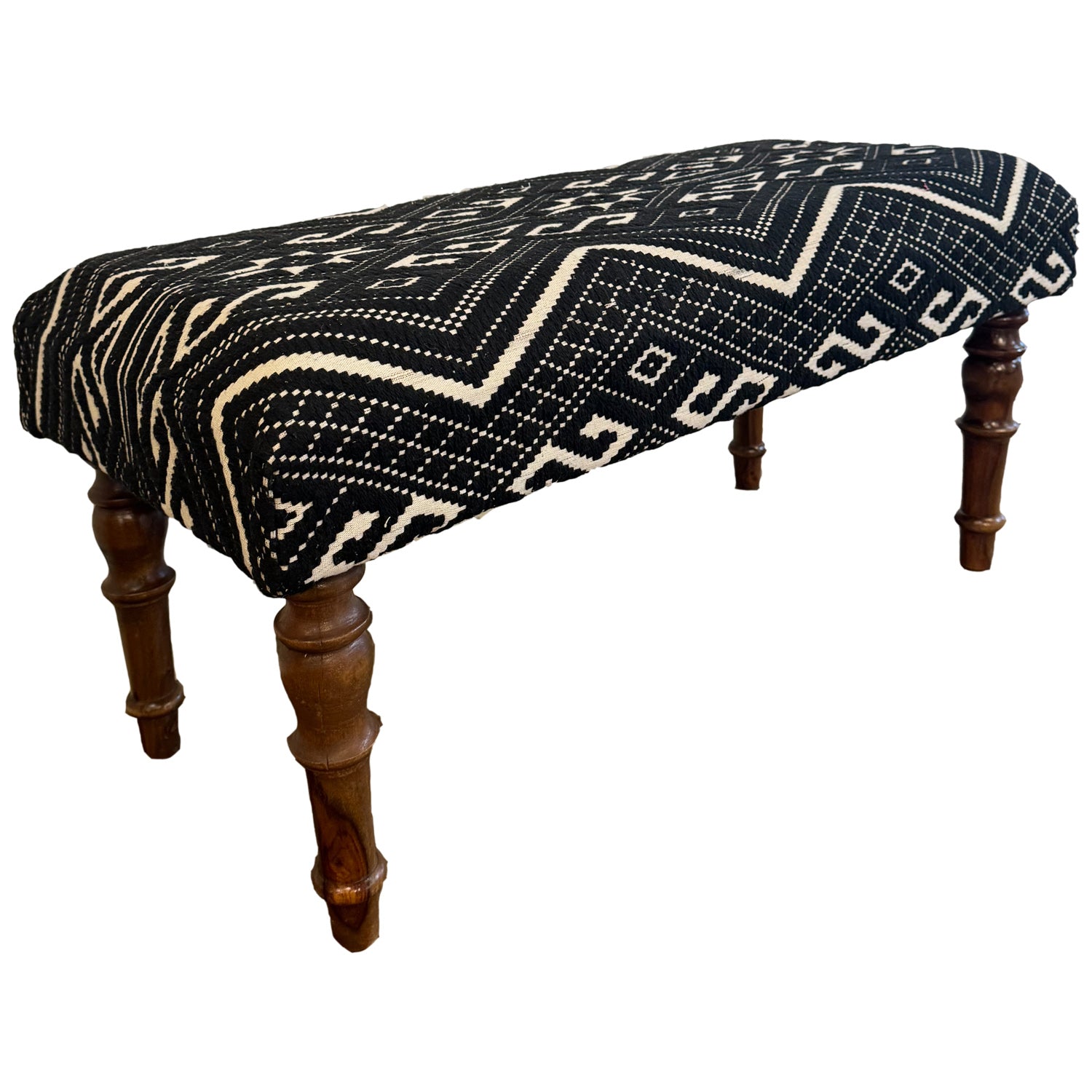 36 in. Long Southwestern Black White Upholstered Bench With Wooden Legs