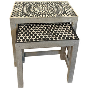 Distressed Gray Nesting Tables With Bone Inlay Top - Set of 2