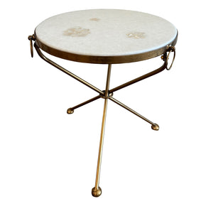 18 in. Round Metal End Table With White Marble and Mother Of Pearl Inlay