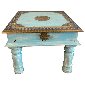 Unique 24" Square Solid Wood Distressed Blue End Table With Brass Accents