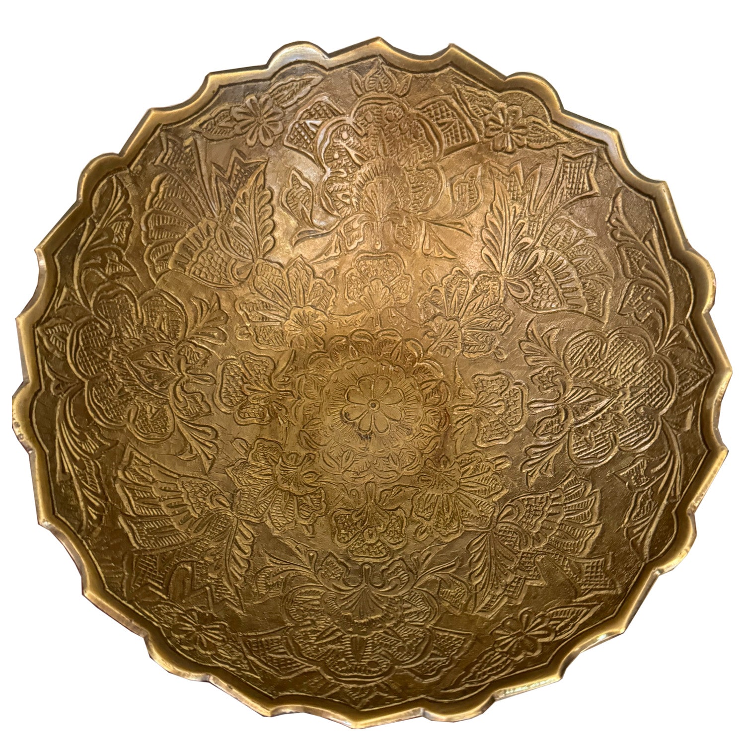 Vintage Handmade Etched 9 in. Round Brass Bowl