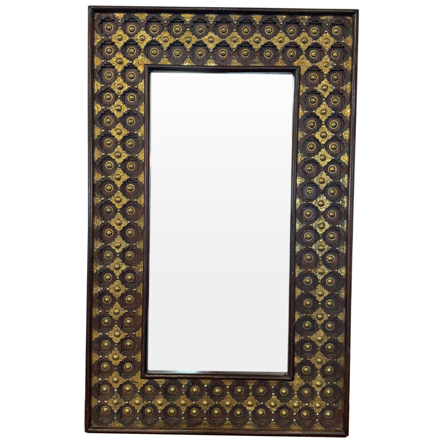Ornate Wooden 30 in. x 47 in. Rectangle Mirror With Brass Accents