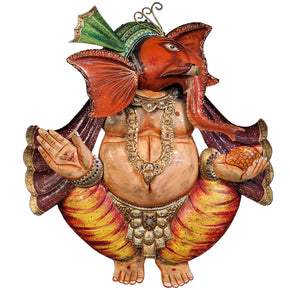 Handcrafted Colorful Hand Painted 36 in. Tall Metal Ganesha Wall Art
