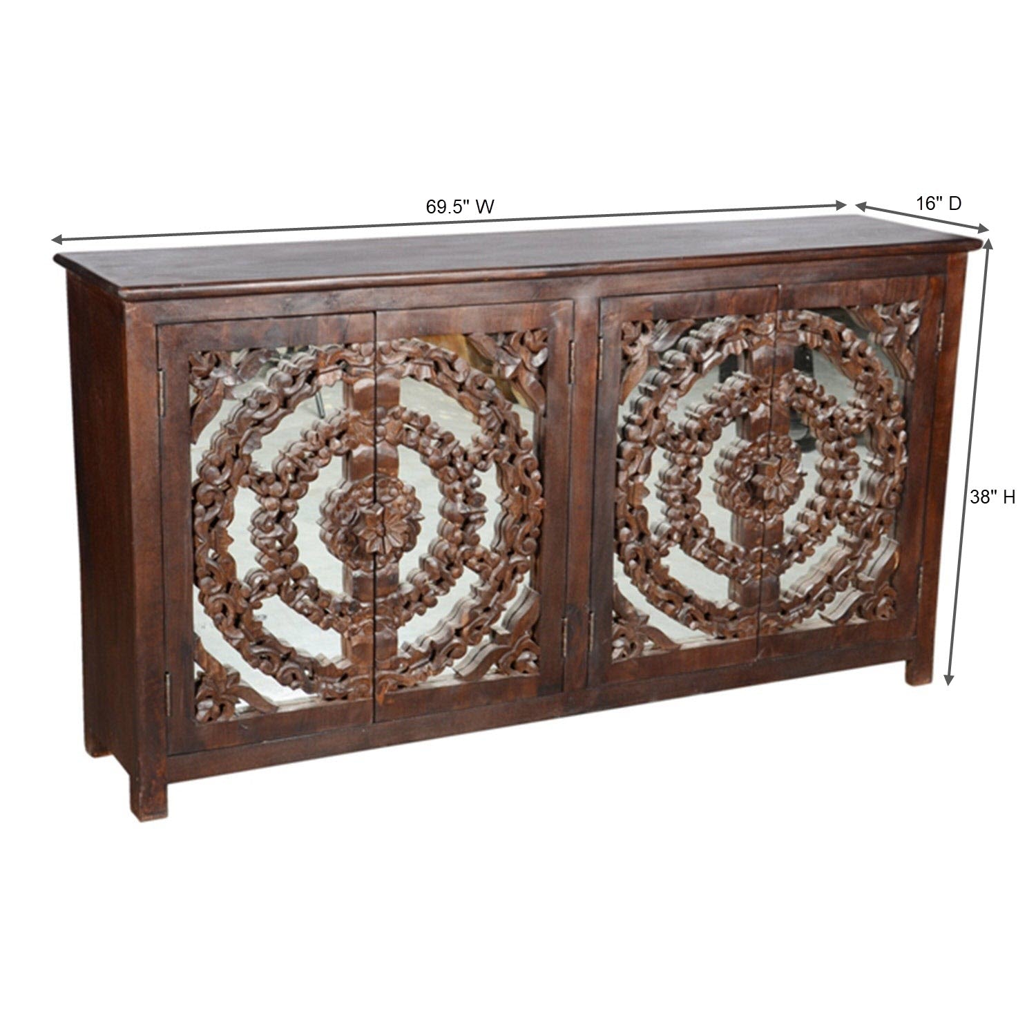 Lotus Carved 4 Door Mango Wood Sideboard With Mirror Accents