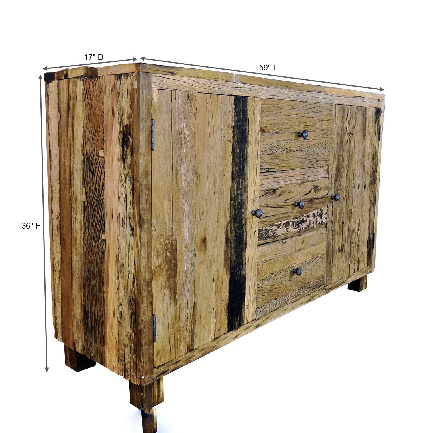 Ranch Style Rustic Aged Rail Road Ties Repurposed Teak Wood Sideboard Cabinet