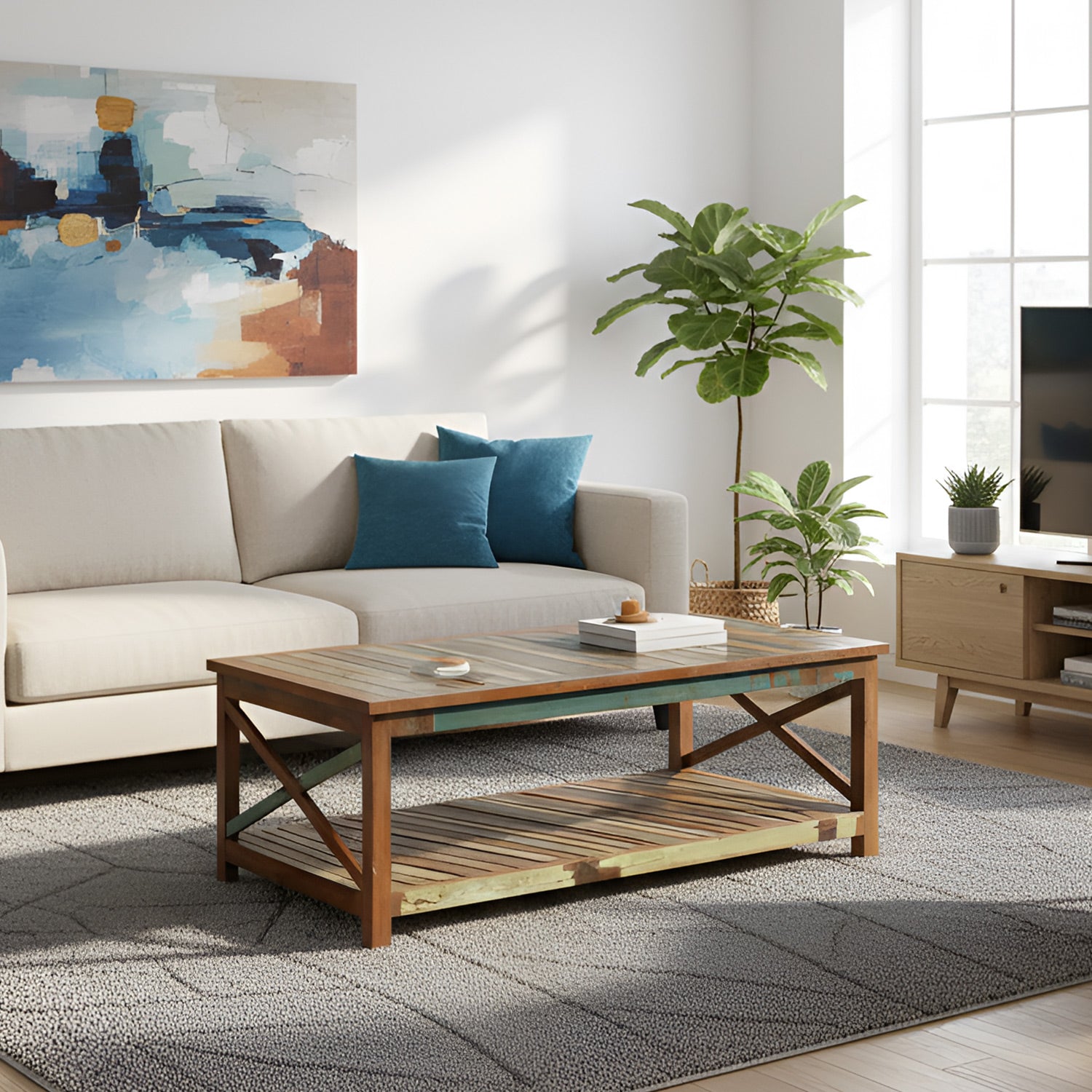 Farmhouse Style Reclaimed Wood Large Rectangle X-Design Coffee Table