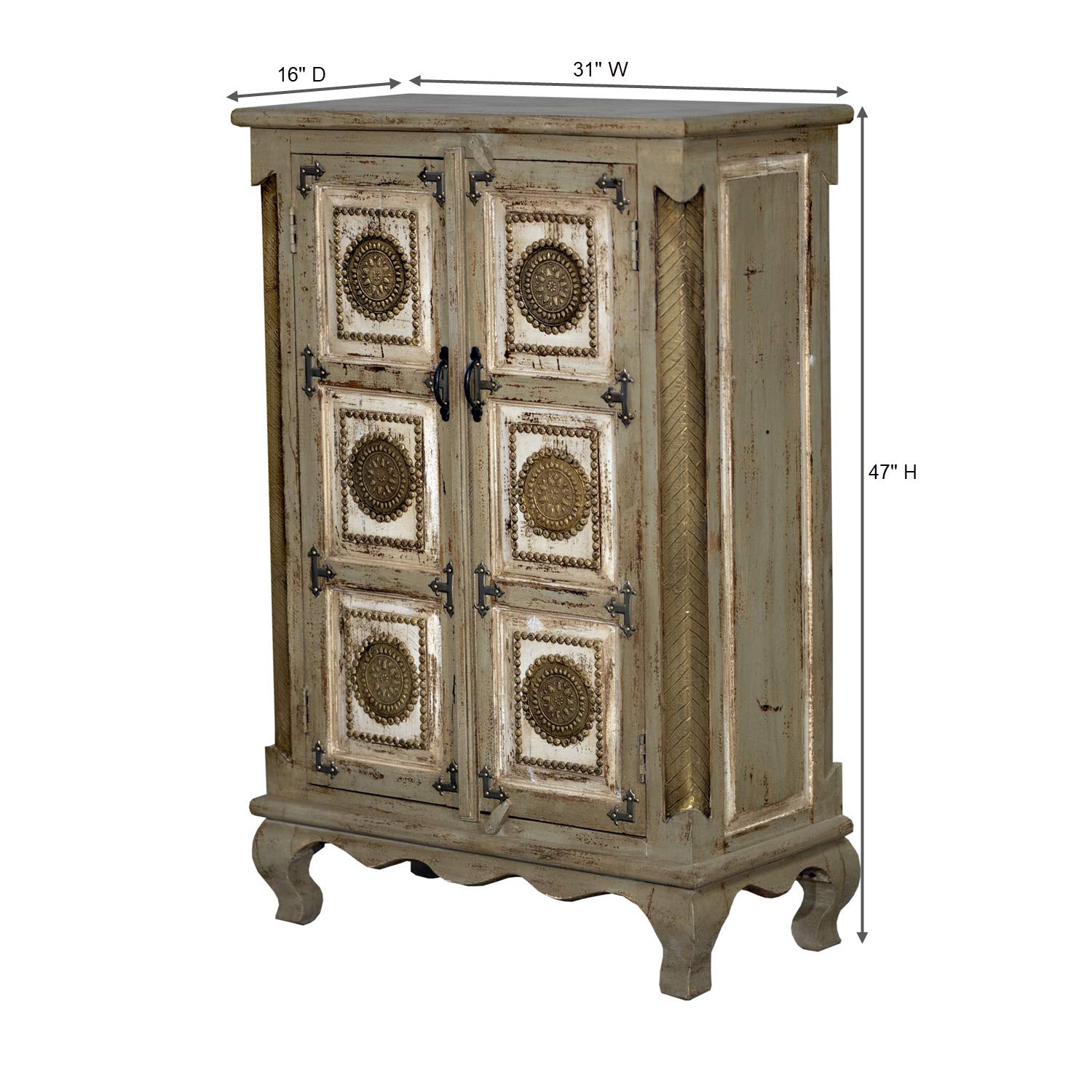 Elegant 2-Door Solid Wood Gray Tall Cabinet With Brass Accents