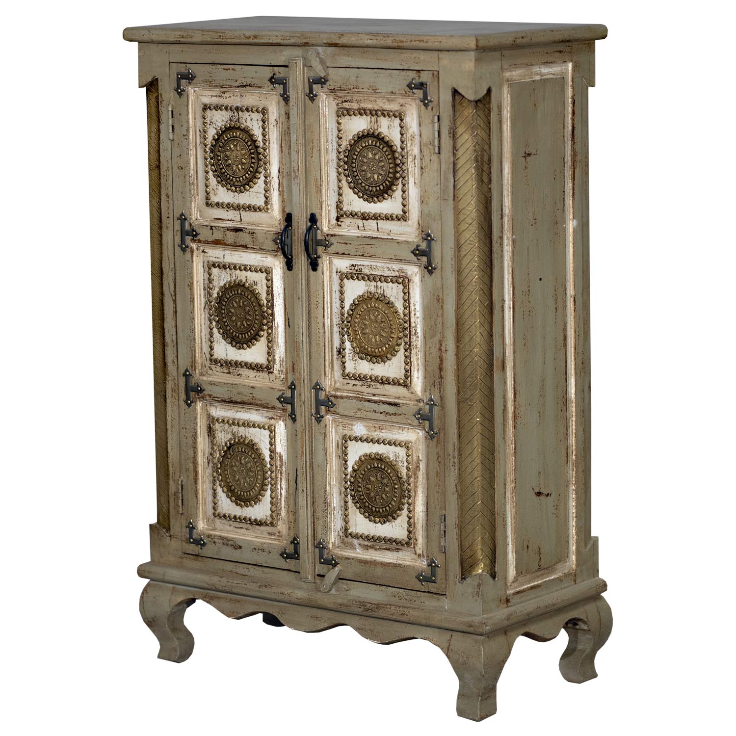Elegant 2-Door Solid Wood Gray Tall Cabinet With Brass Accents