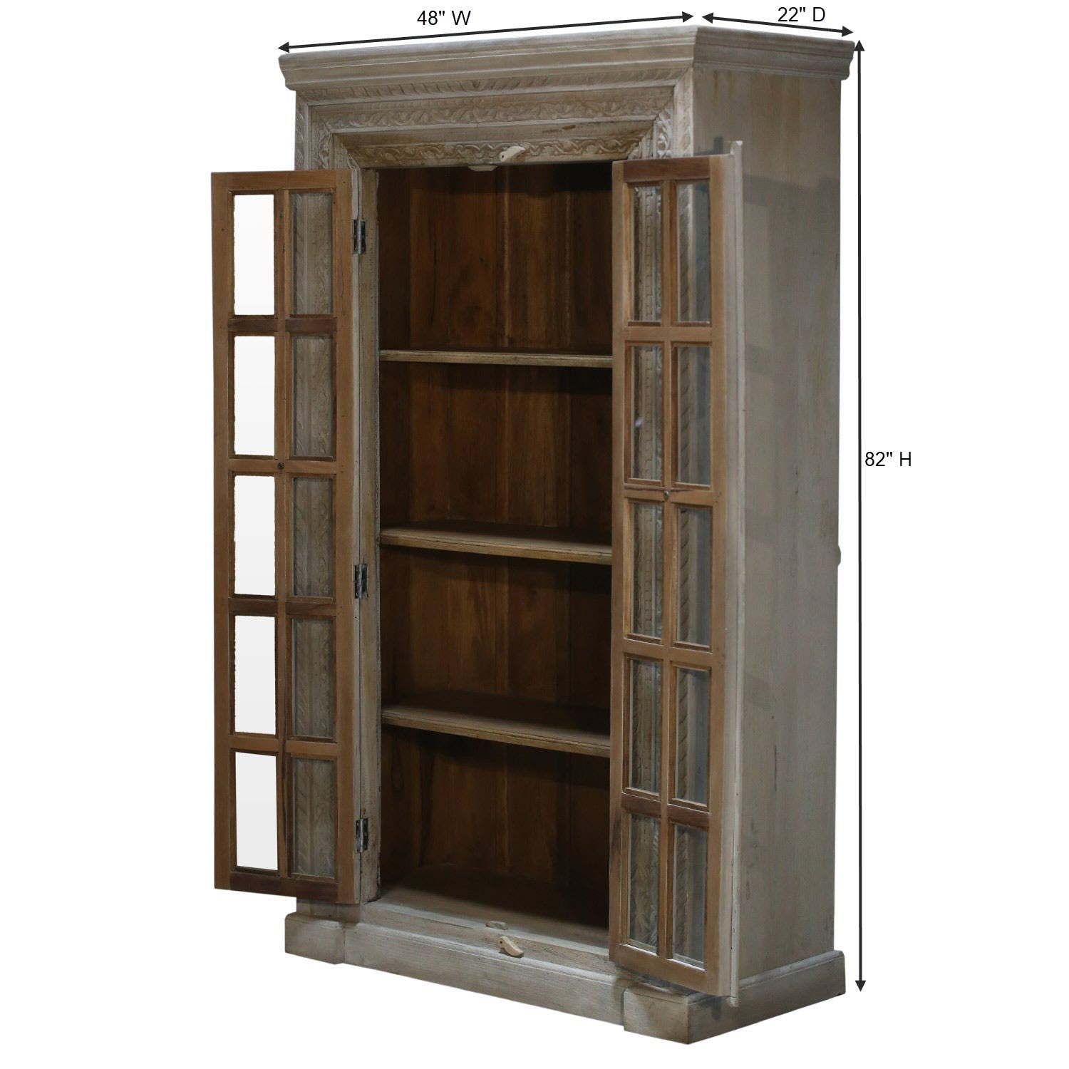 Eclectic Carved Frame Solid Wood Armoire With Glass Pane Doors