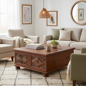 Vintage Carved Window Upcycled 41" Square Box Solid Wood Coffee Table