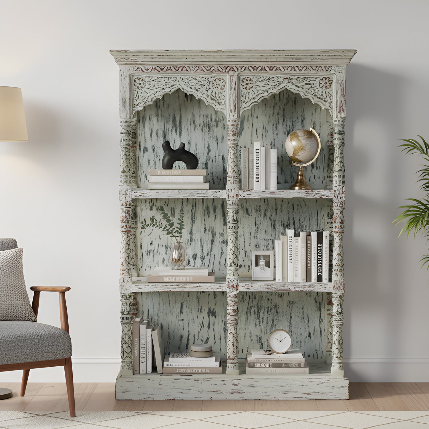 Farmhouse Style White Washed  3 Shelves Arched Solid Wood Display Unit