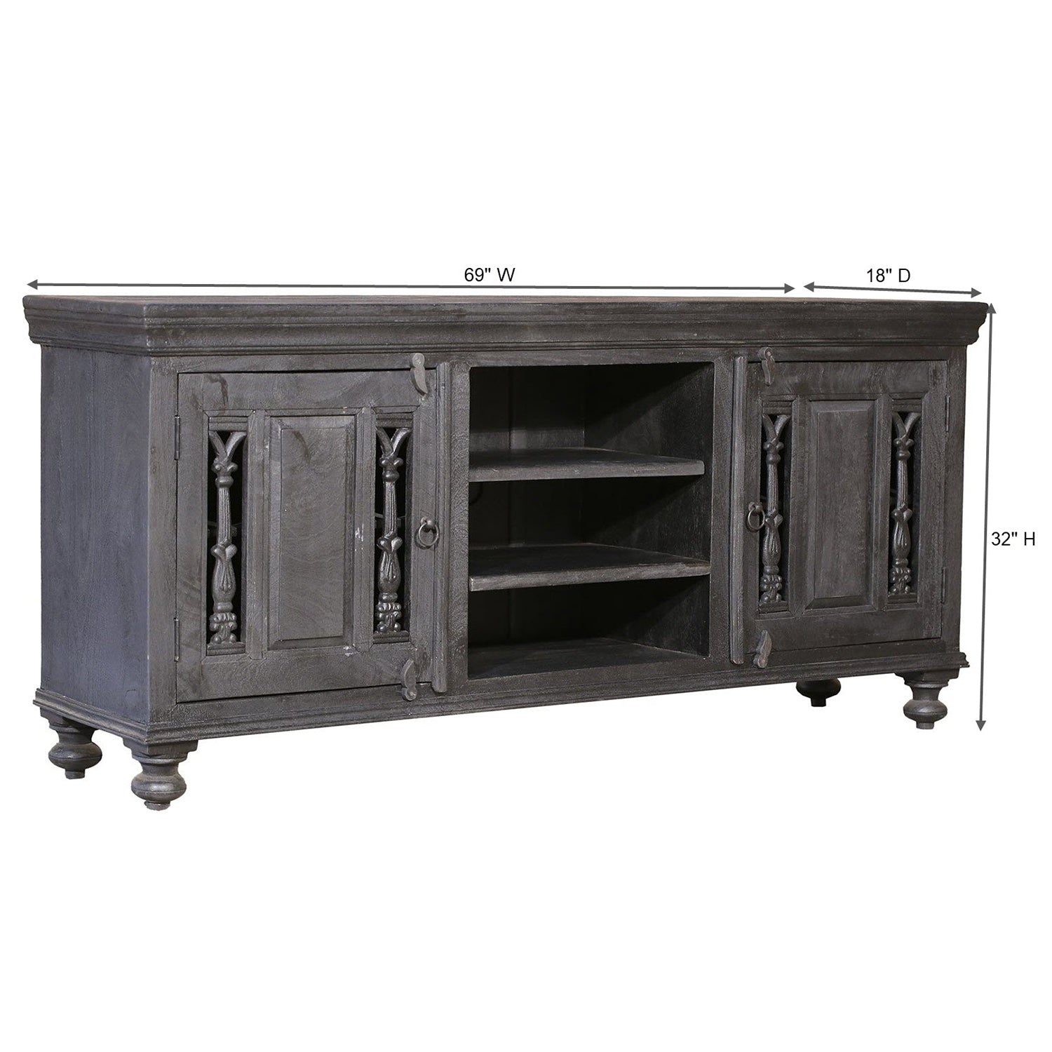 Distressed Ash Gray Finish Media Console With Grill Accents