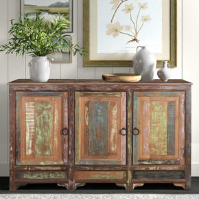 Farmhouse Style Distressed Reclaimed Wood 66 in. Long 3 Door Sideboard