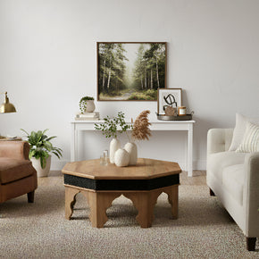 Mediterranean Style Solid Wood Hexagon Small Coffee Table With Carved Border