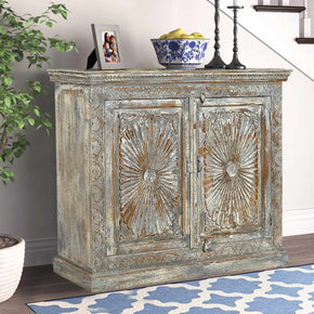 Farmhouse Style Hand Carved Lotus Flower Solid Wood 47 in. Wide Cabinet - Distressed Gray White