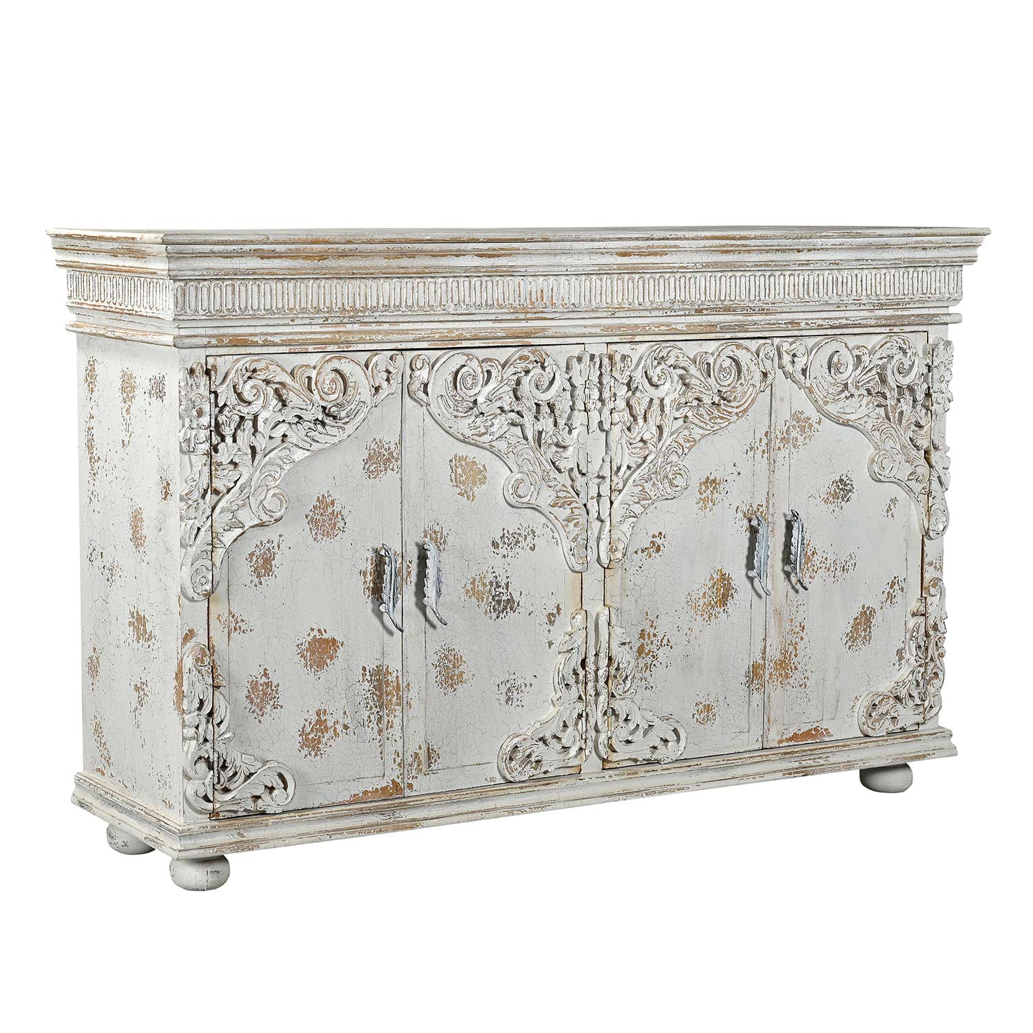 French Style Carved Doors 80 Inches Large Hand Painted White Sideboard Cabinet