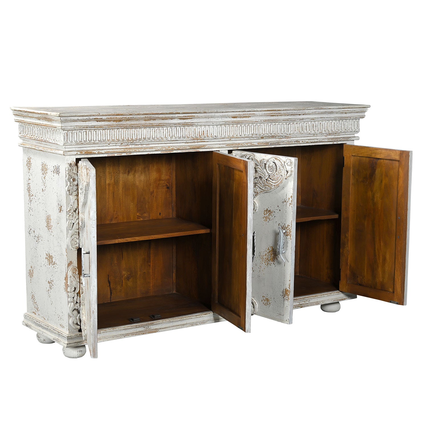 French Style Carved Doors 80 Inches Large Hand Painted White Sideboard Cabinet