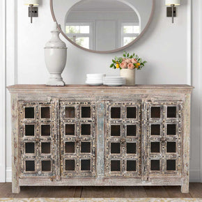 Farmhouse Style Distressed Vintage Door With Glass Inset 74 in. Long Credenza
