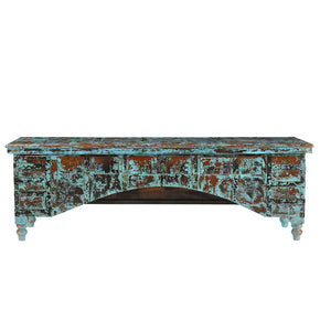 Rustic Antique Wooden Hope Chest With Metal Straps Upcycled Unique 69 in. Long Distressed Blue Bench Seat