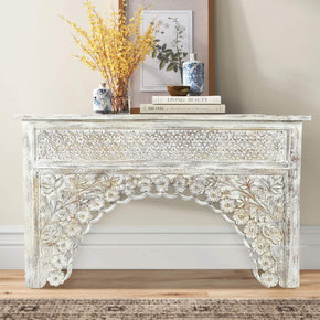Transitional Style Hand Carved Moorish Arch 59 in. Long Distressed White Sofa Table