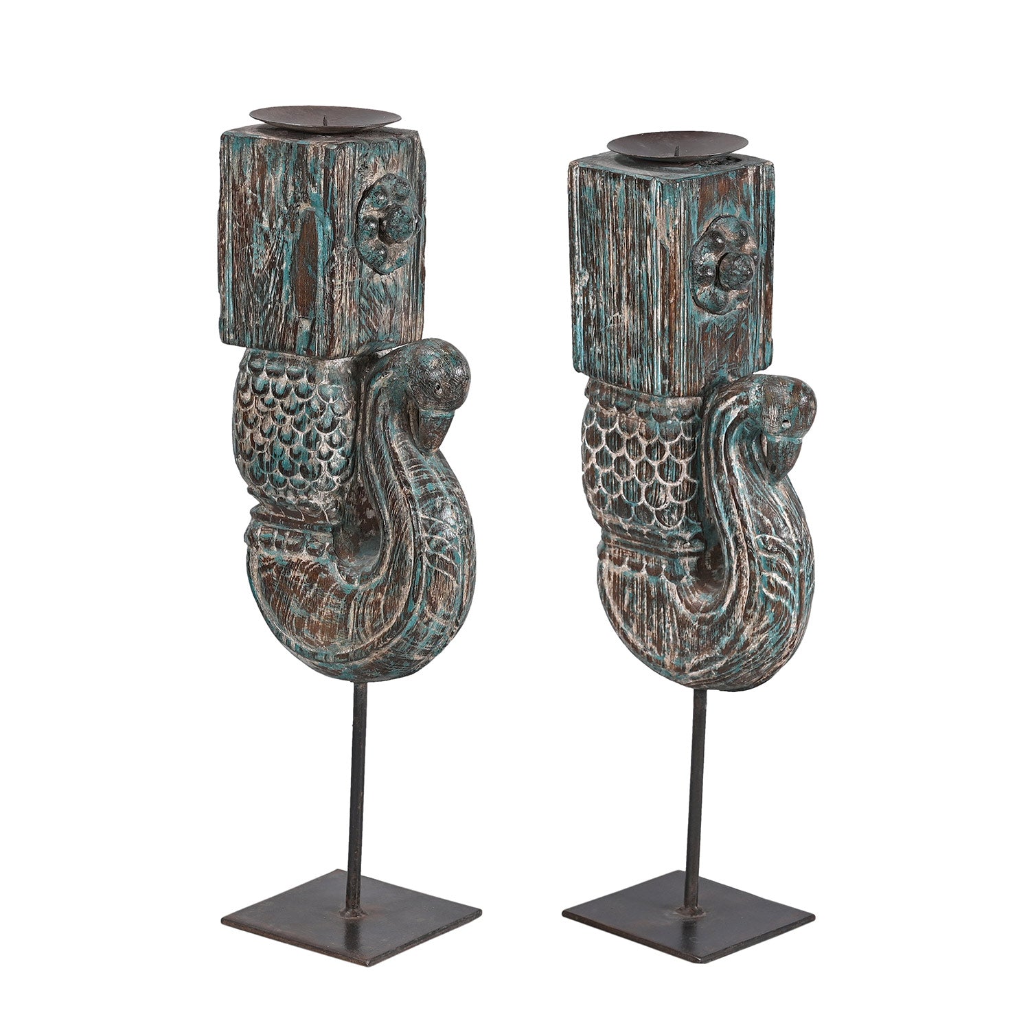 Antique Peacock Carved Corbel Repurposed 22 in. Tall Candle Holders - Set of 2