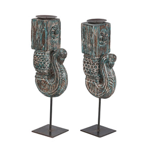 Antique Peacock Carved Corbel Repurposed 22 in. Tall Candle Holders - Set of 2