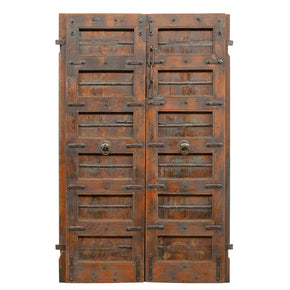 Rustic Ranch Style Antique Teak Wood Distressed Painted Door With Metal Straps