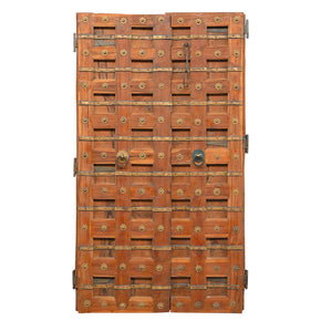 1900s Vintage Teak Wood Door With Original Brass Straps And Decorative Flower Pins