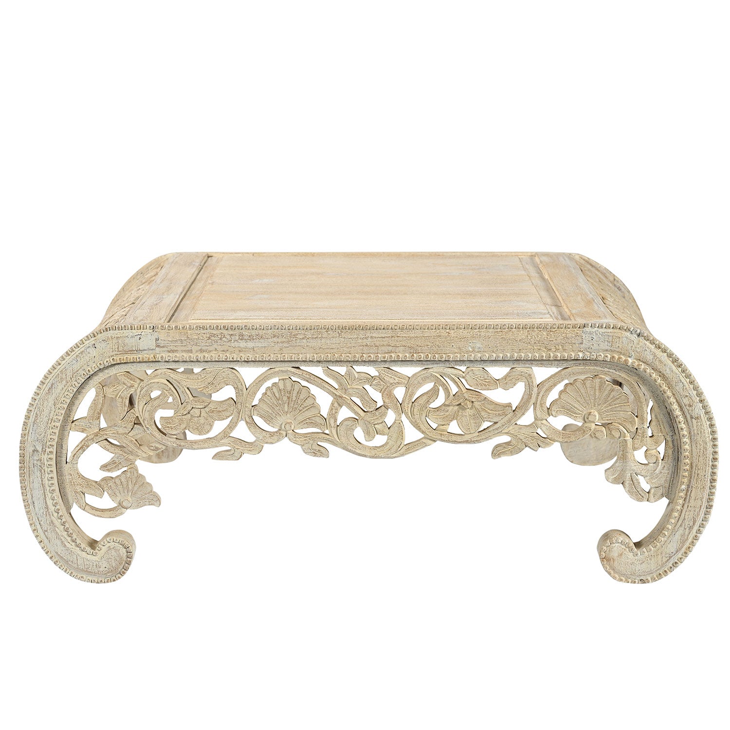 Unique Carved Lattice Scroll Legs Coffee Table In White Washed Finish