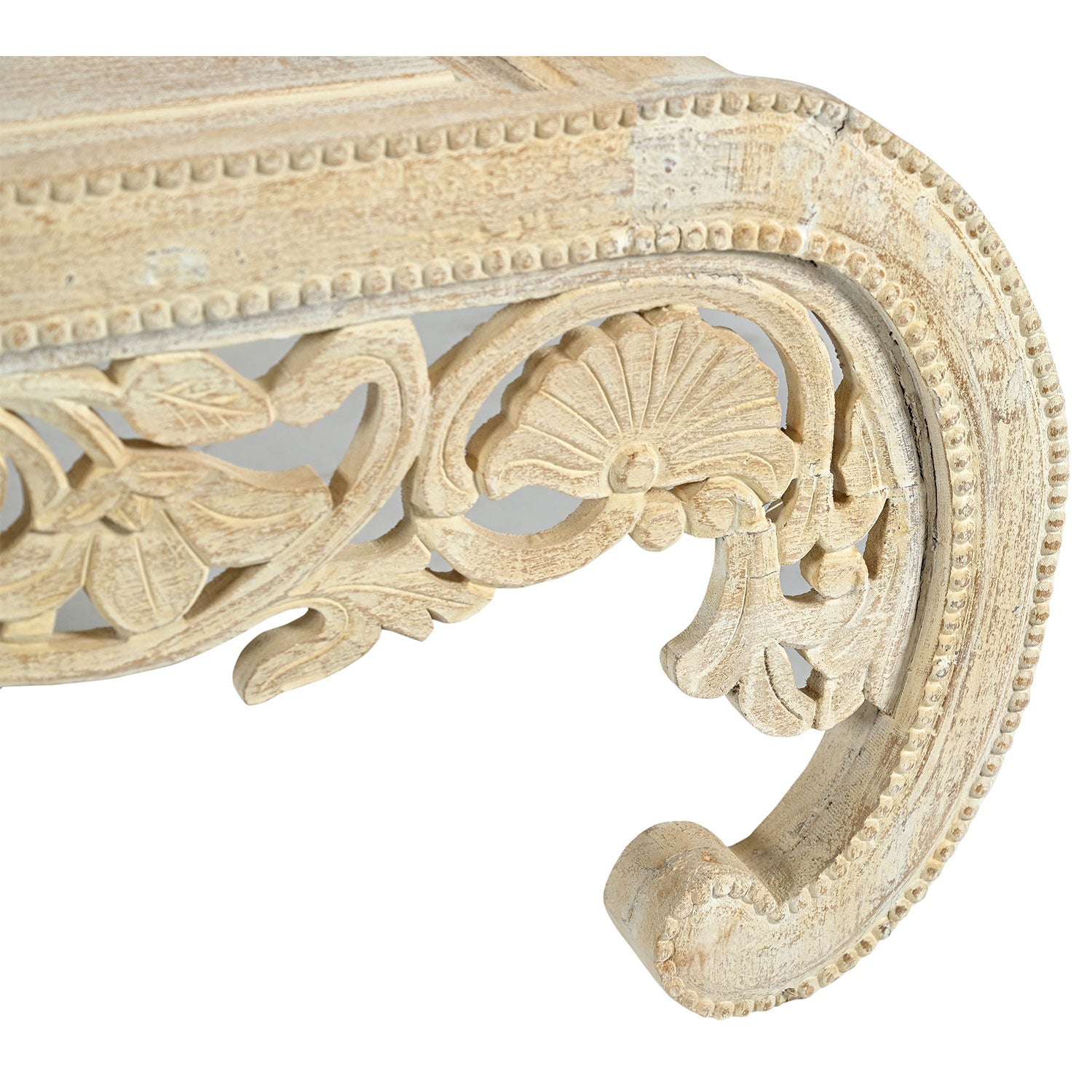 Unique Carved Lattice Scroll Legs Coffee Table In White Washed Finish