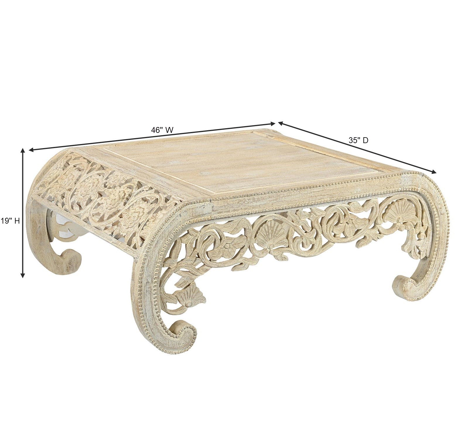 Unique Carved Lattice Scroll Legs Coffee Table In White Washed Finish