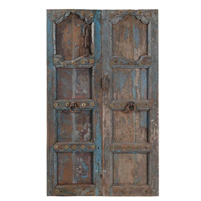 Early 1900s Teak Wood Antique Door With Distressed Blue Paint & Brass Pin Accents