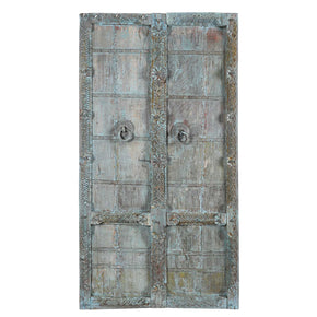 Early 1900s Hand Carved Antique Indian Door With Distressed Blue Patina