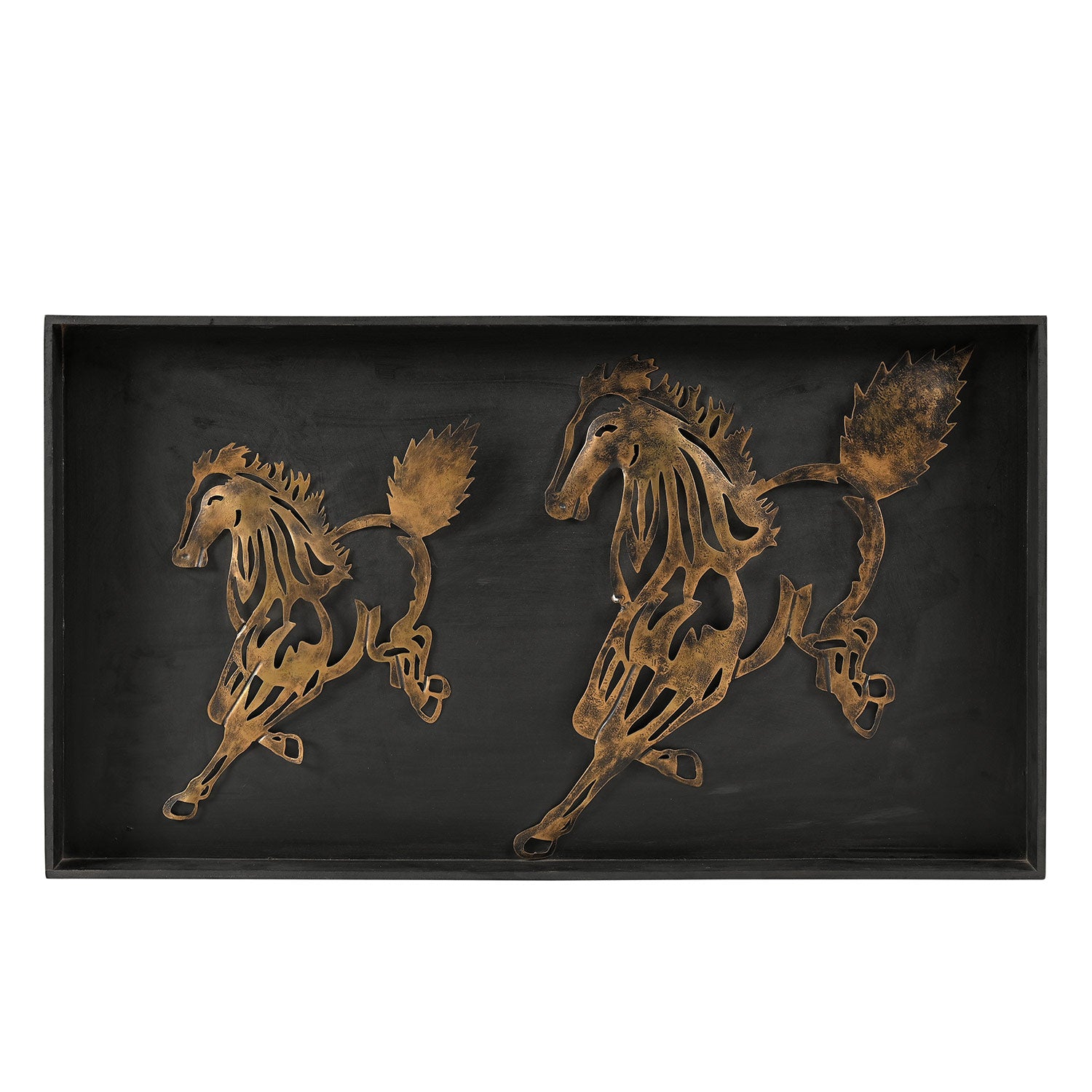 Eclectic Metal Galloping Horses In Wooden Frame Wall Art
