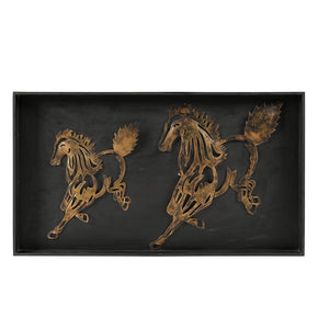 Eclectic Metal Galloping Horses In Wooden Frame Wall Art