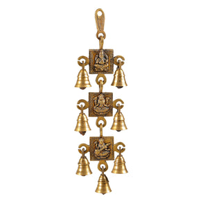 Traditional Brass Ganesha Laxmi Sarawati With Bells 11" Long Wall Hanging