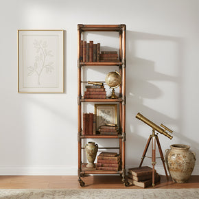 Eclectic Reclaimed Wood And Copper Pipes Repurposed 55 in. Tall Display Rack On Wheels