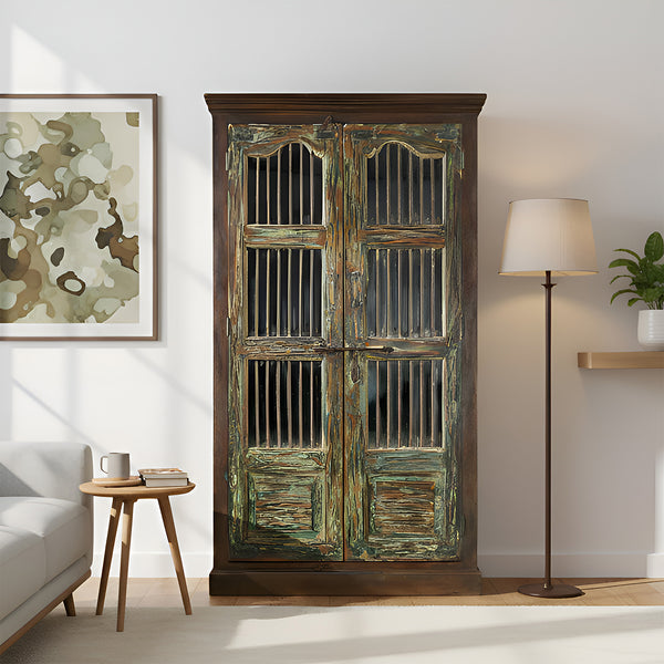 Vintage Patio Door With Iron Grill Upcycled 45 in. Wide Solid Wood