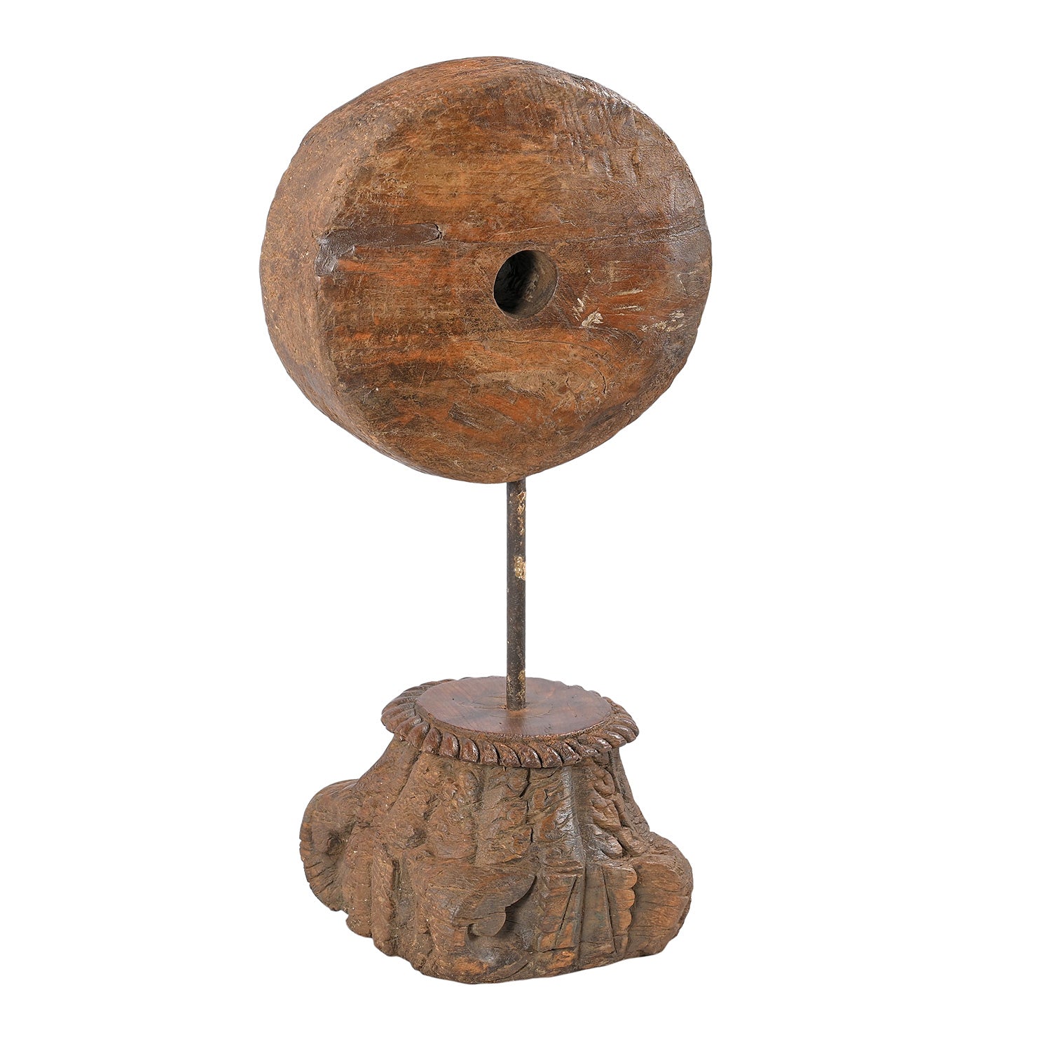 Ranch Style Antique Wooden Pulley Mounted On Column Base Table Decor