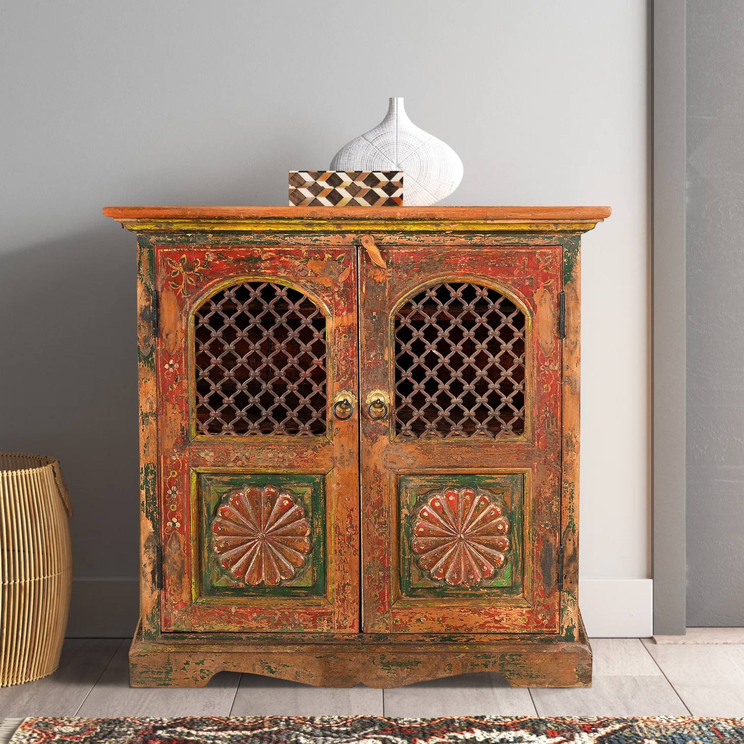 Vintage Hand Painted Cabinet With Iron Insets