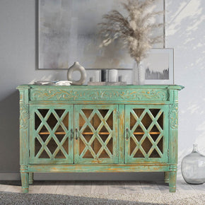 Farmhouse Style Distressed Blue Carved 60 in. Large Sideboard With Glass Doors