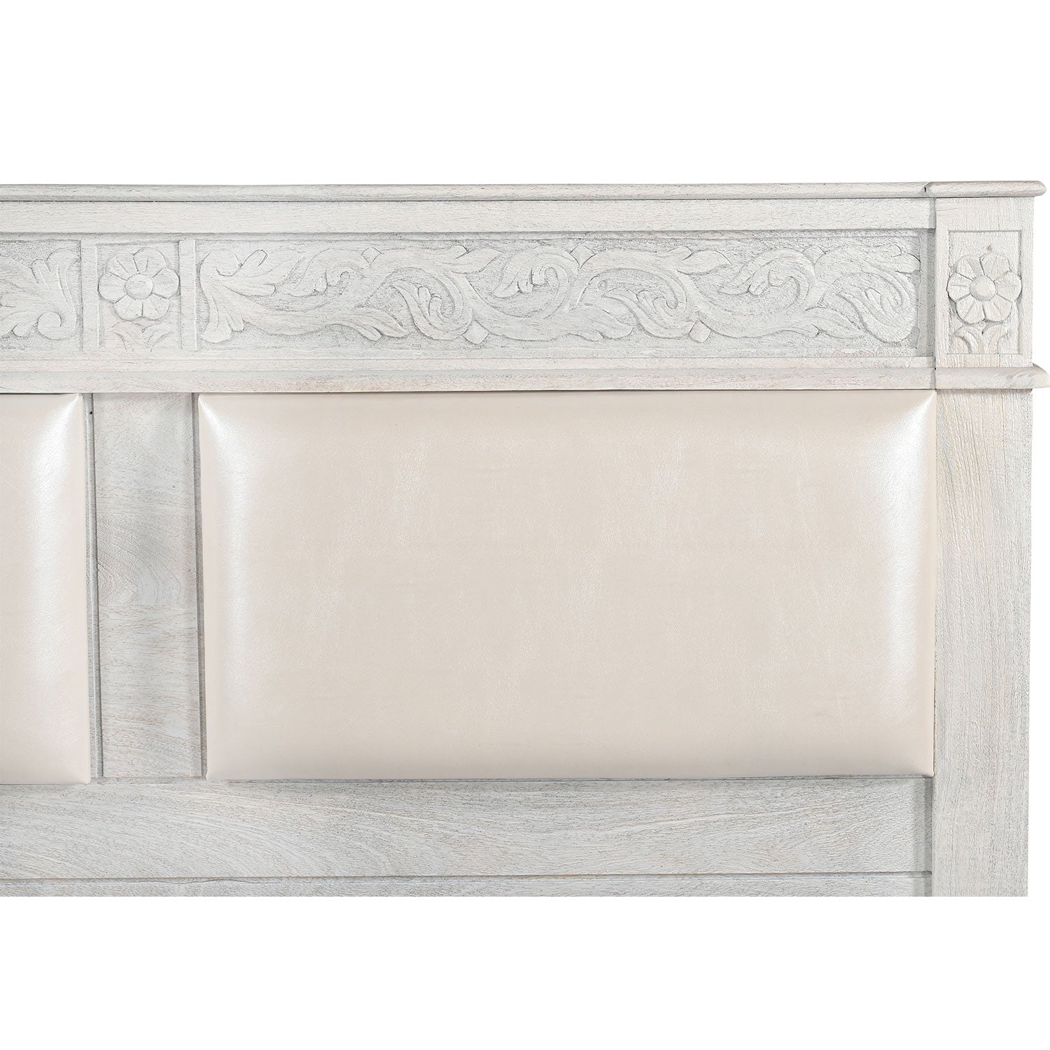 Elegant Victorian Style Hand Carved Solid Wood Queen Bed In Distressed White