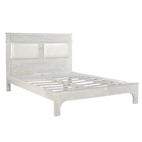 Elegant Victorian Style Hand Carved Solid Wood Queen Bed In Distressed White