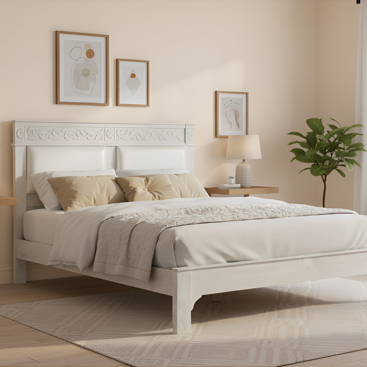 Elegant Victorian Style Hand Carved Solid Wood Queen Bed In Distressed White