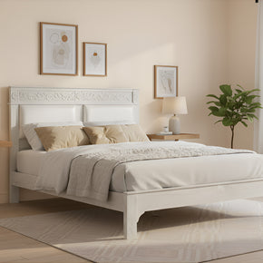 Elegant Victorian Style Hand Carved Solid Wood Queen Bed In Distressed White