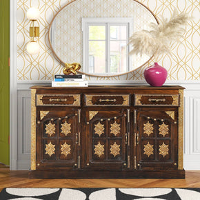 Transitional Style Solid Wood Buffet With Hammered Brass Accents