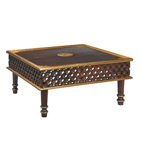 Transitional Style Lattice Carved Solid Wood Sqaure Coffee Table With Brass Accents
